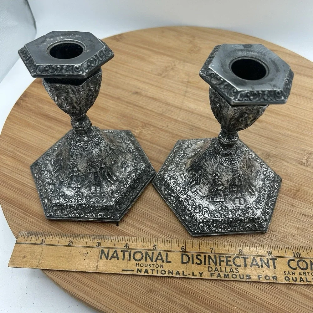 VINTAGE JB JENNINGS BROTHERS CANDLE HOLDER Set ART NOUVEAU PASTORAL SCENE MARKED